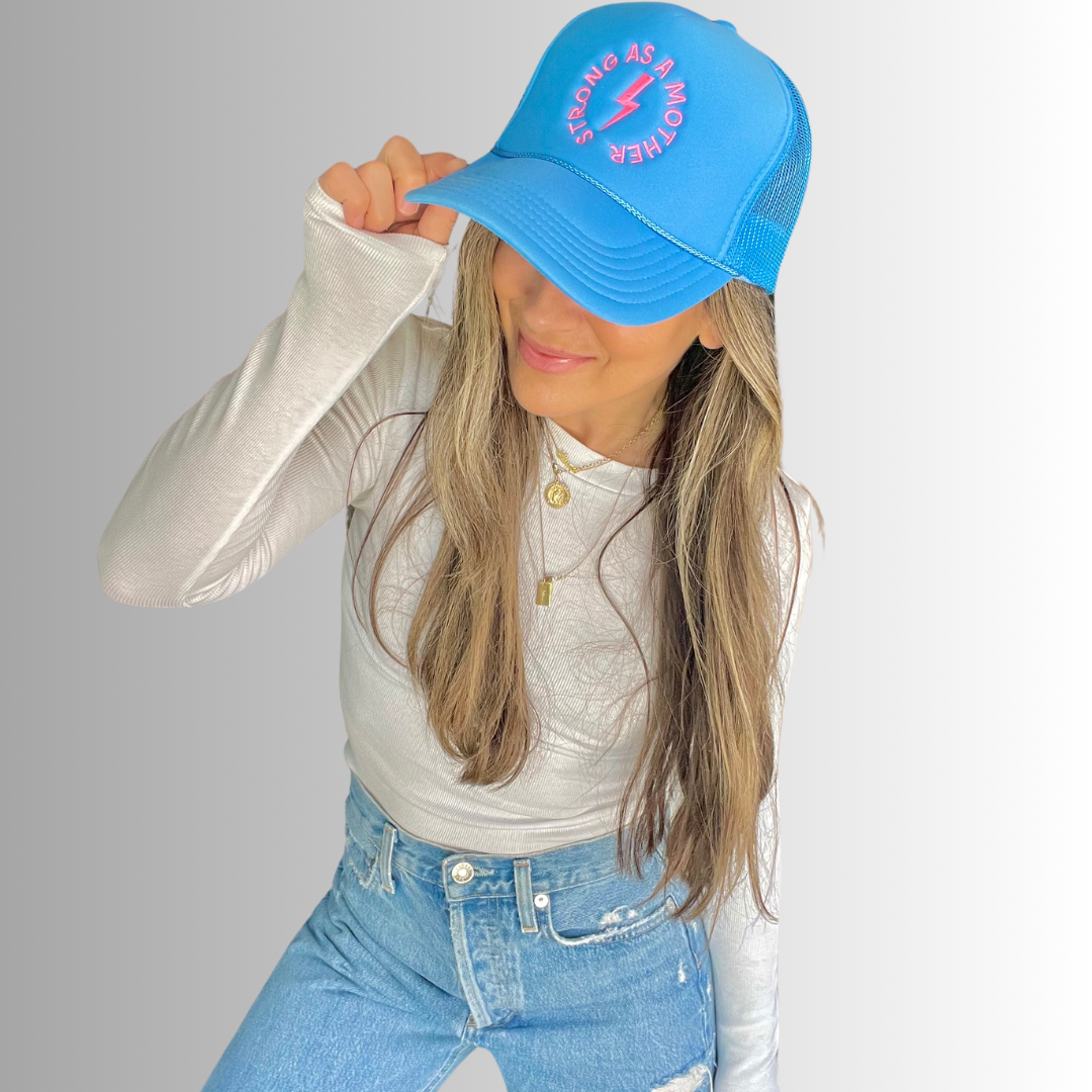 Strong as a mother™ Embroidered Trucker Hat - Sky Blue