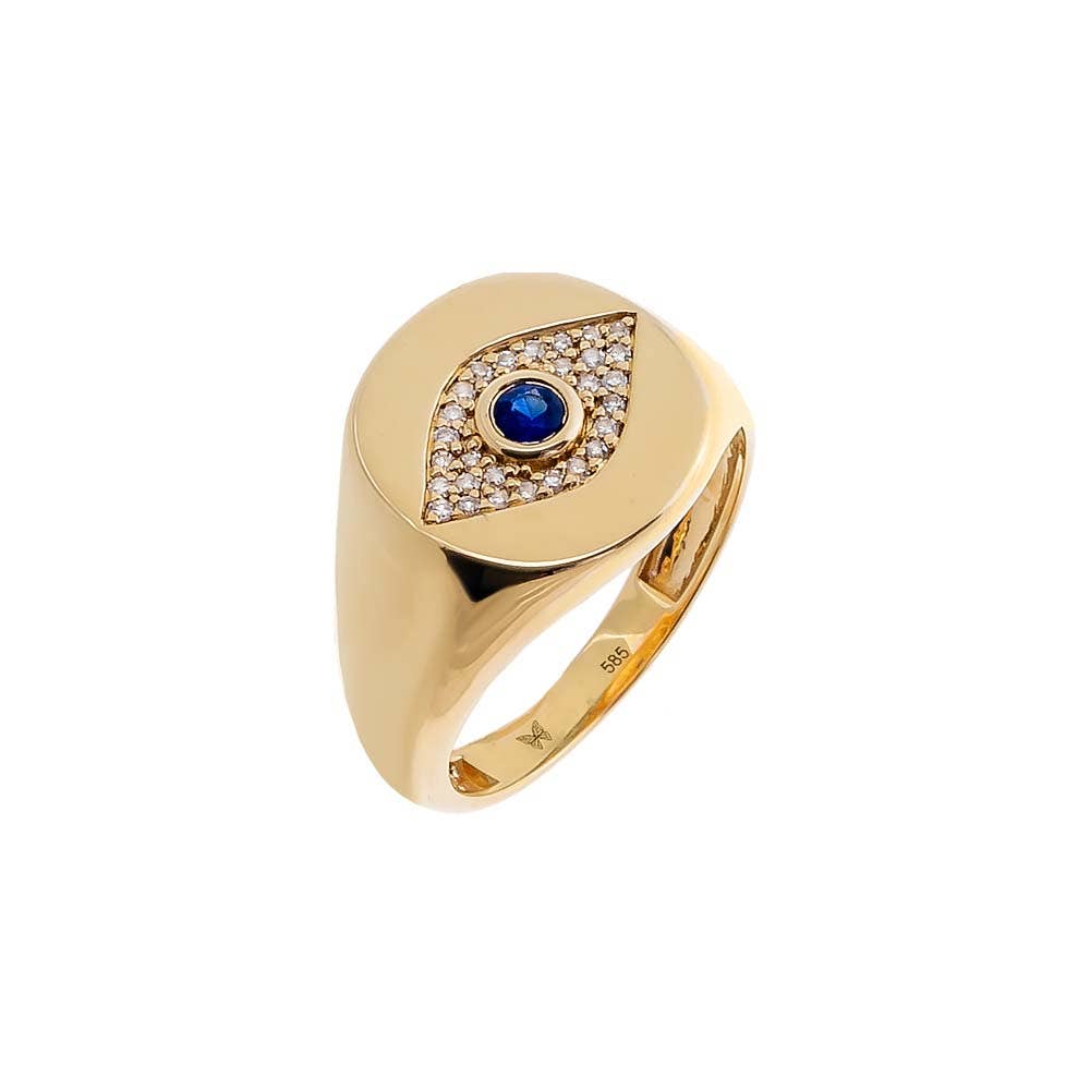 Diamond X Sapphire Blue Evil Eye Signet Pinky Ring 14K - The Closet