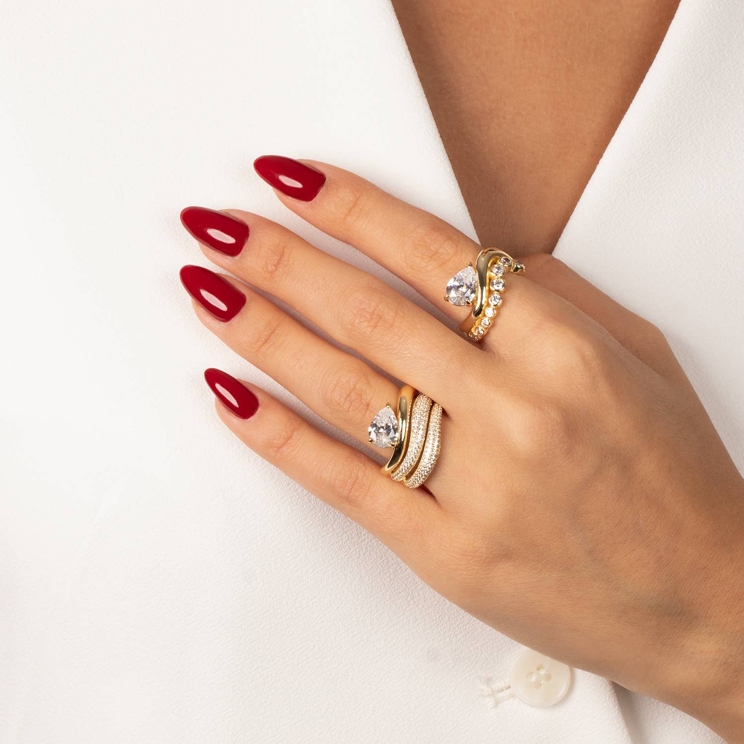 Solid/Pave Waved Triple Band W/ Pear Stone Ring - The Closet