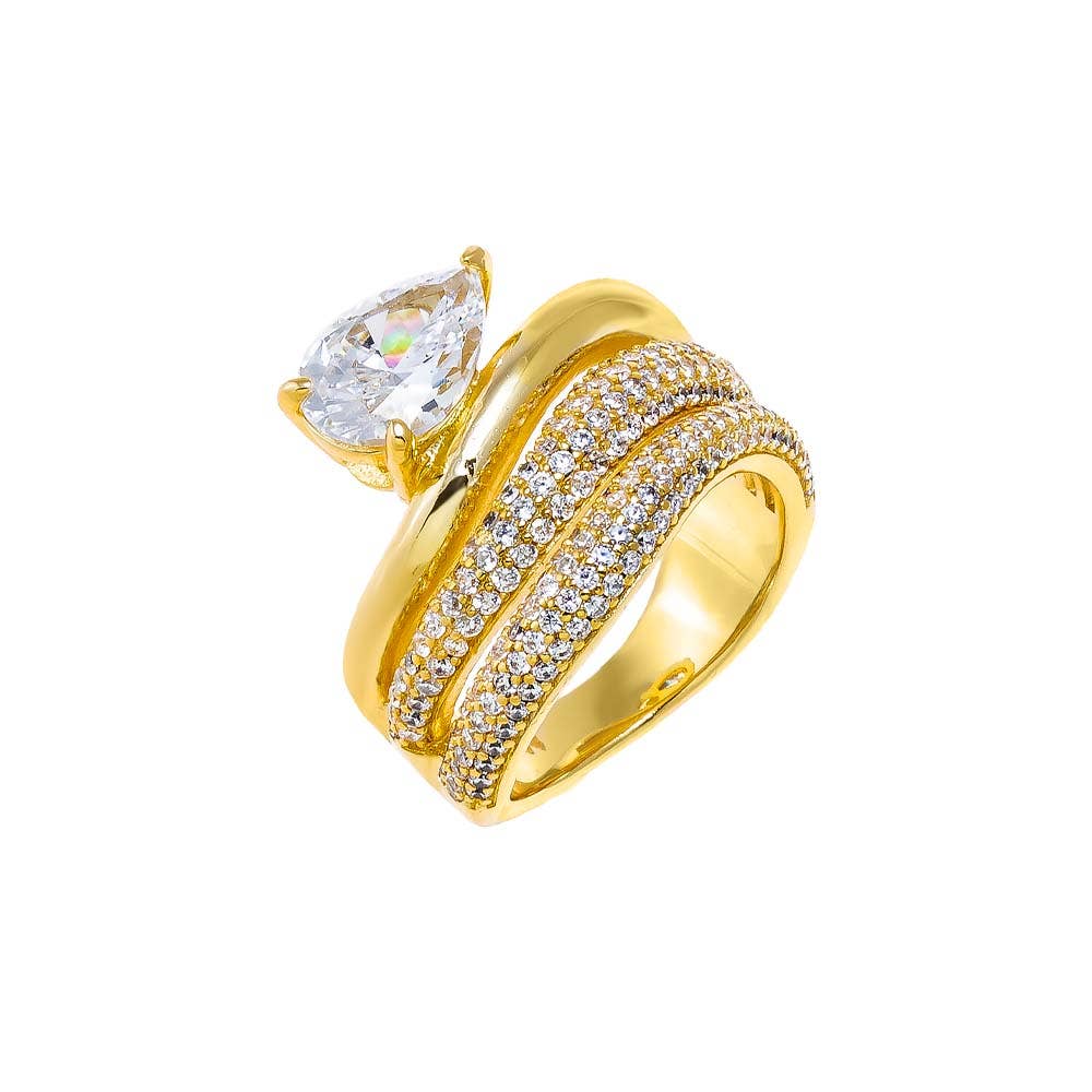 Solid/Pave Waved Triple Band W/ Pear Stone Ring - The Closet