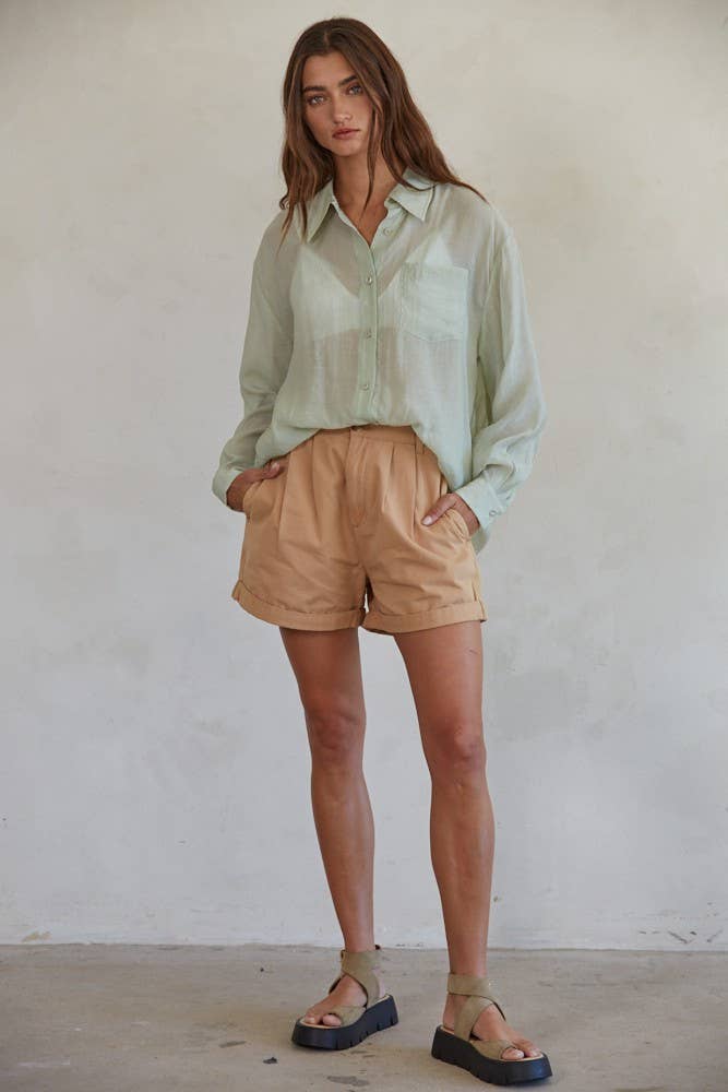 Button Down Collar Neck Long Sleeve Shirt Top - The Closet
