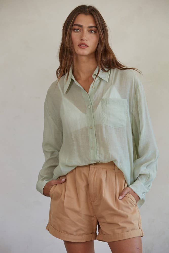 Button Down Collar Neck Long Sleeve Shirt Top - The Closet
