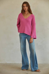 | Knit Sweater Acrylic Nylon Cotton V - Neck Pullover - The Closet