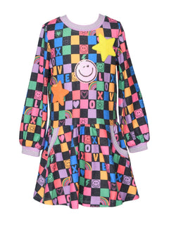 L/S FIT AND FLARE CHECKERED PRINT DRESS - The Closet