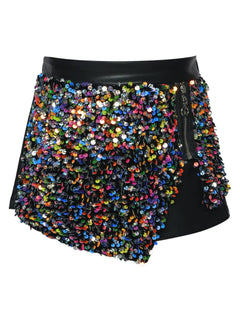 SEQUIN SKORT W/ FAUX LEATHER CONTRAST - The Closet