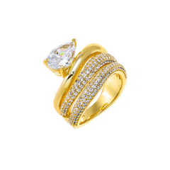 Solid/Pave Waved Triple Band W/ Pear Stone Ring - The Closet
